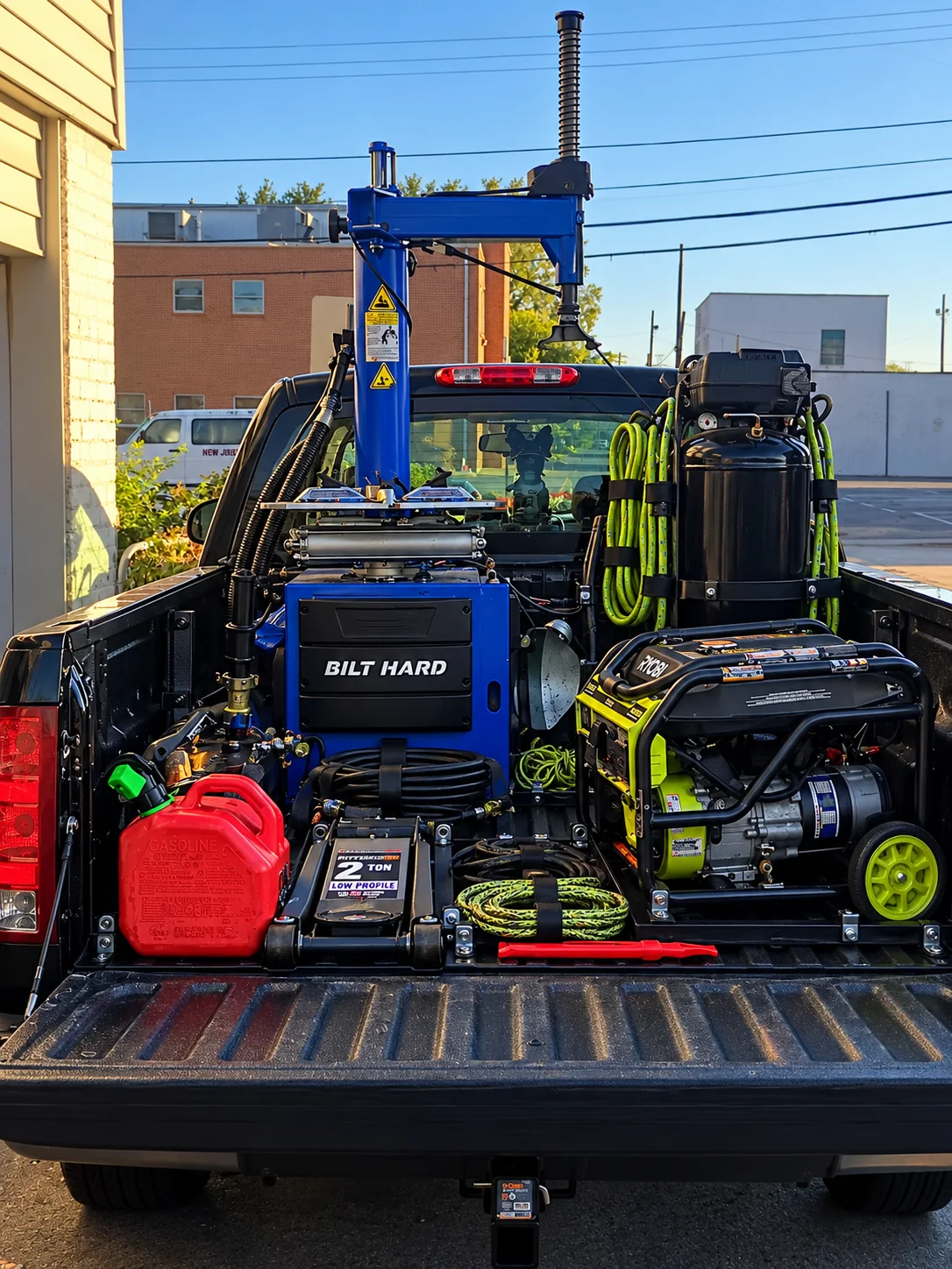 Our pickup truck with a full-size tire-changing machine