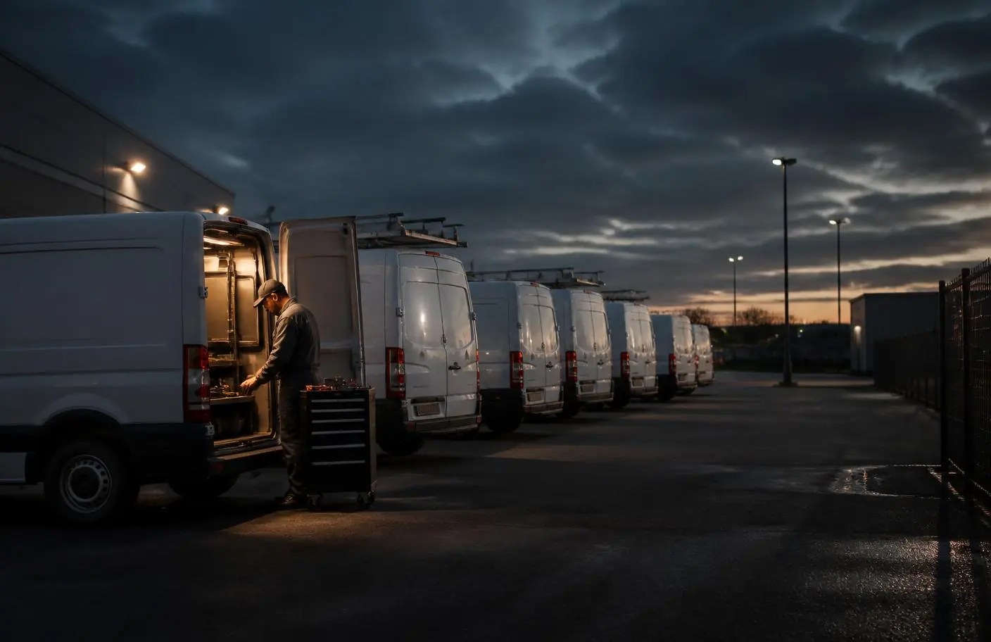 Technician servicing a row of commercial work vans in a business lot at dusk