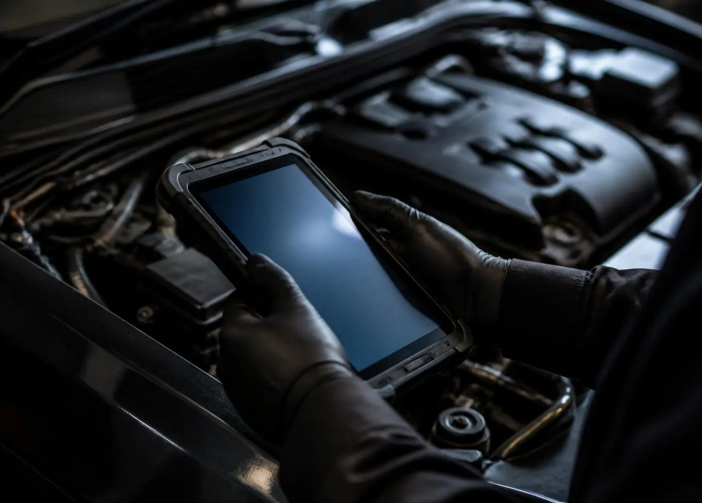 Technician holding a diagnostic scan tablet over an open engine bay