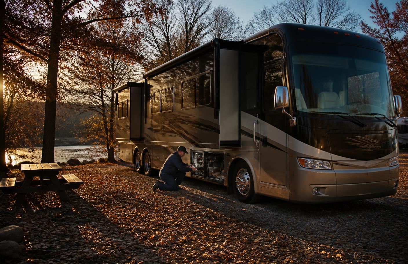Technician servicing a motorhome at a campsite in late autumn